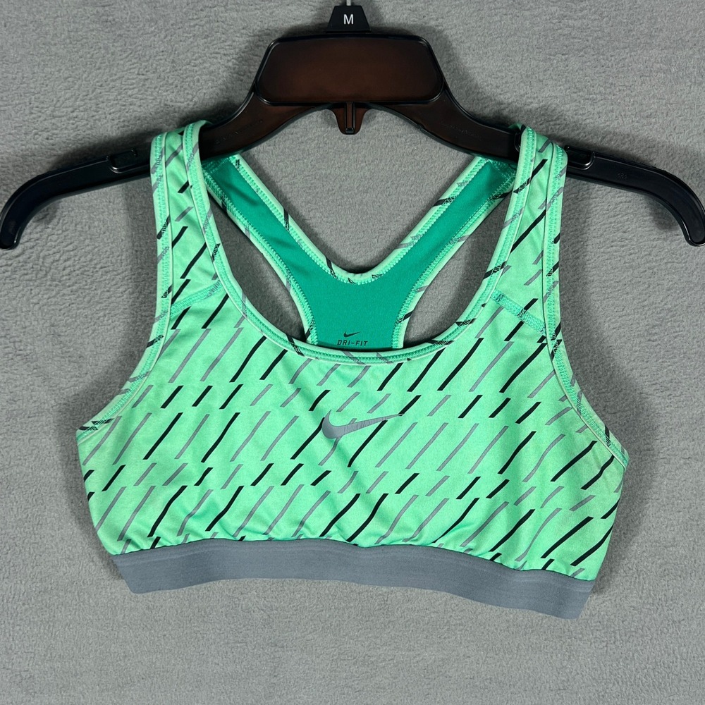 Nike Womens Sports Bra Size M Green Geometric Stripe Racerback Dri-FIT Pullover
